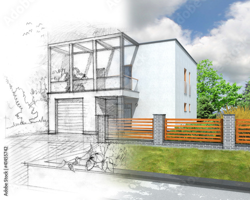 Illustration: Illustration of an idea and implementation of house construction Illustration of an idea and implementation of house construction