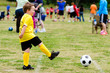 Young boy playing soccer during organized league game Young boy playing soccer during organized league game