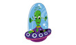 Cartoon Alien in UFO, outer space set (illustration)