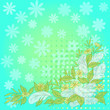 Flowers, leaves, feathers on blue and green