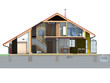 Front view of house in section on white background.