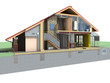 Perspective view of house in the section on white background.