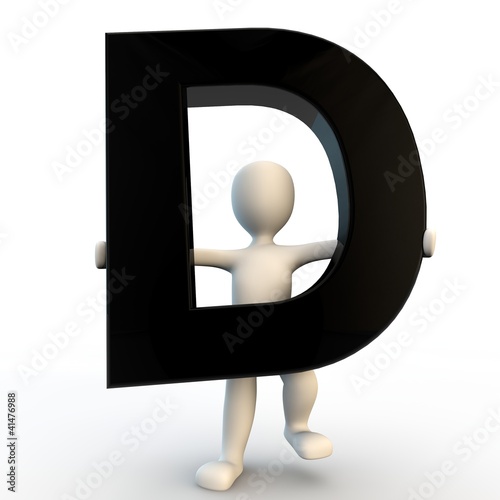 Illustration: 3D Human character holding black letter D, small people 3D Human character holding black letter D, small people