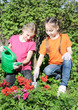 Girls watering flowers in the garden