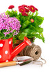 spring flowers with garden tools isolated on white background