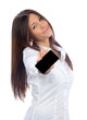 Woman Showing display of her new touch mobile cell phone