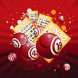 Bingo or lottery balls and cards on red background