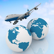airliner with two globe in the sky background airliner with two globe in the sky background