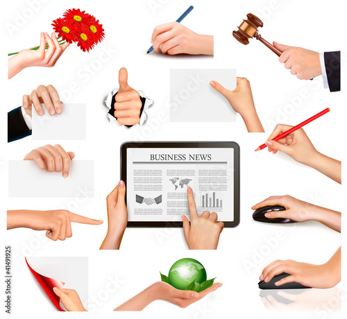 Vector: Set of hands holding different business objects. Set of hands holding different business objects.
