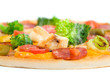 Close-up of fresh pizza with chicken and broccoli Close-up of fresh pizza with chicken and broccoli