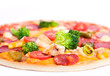 Fresh fresh pizza with chicken and broccoli on white background Fresh fresh pizza with chicken and broccoli on white background