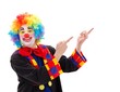 Happy clown pointing upward
