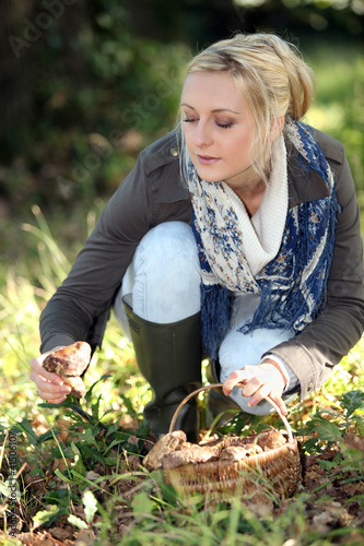Photo: Woman gathering wild mushrooms Woman gathering wild mushrooms