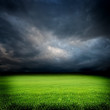 dark cloudy sky and green grass meadow