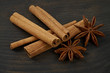 Cinnamon and star anise in an old wooden board. Close-up.