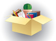 box of books, pencils and cactus.
