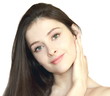 Beautiful girl touching hand face isolated on white background Beautiful girl touching hand face isolated on white background