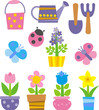 flowers, garden tools and insect