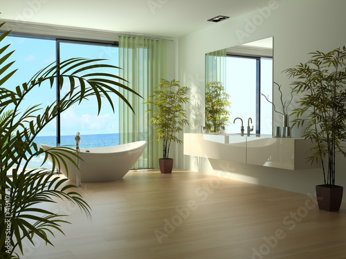 Illustration: Modern Luxury Bathroom Design Interior with plants Modern Luxury Bathroom Design Interior with plants