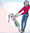 Vector: Sketch of little girl having fun with her beautiful mother. Vect Sketch of little girl having fun with her beautiful mother. Vect