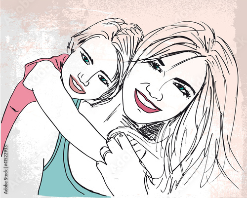 Vector: Sketch of little girl having fun with her beautiful mother. Vect Sketch of little girl having fun with her beautiful mother. Vect