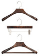 Closeup of set of various luxury brown wooden clothing hangers