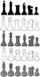 Chess set game pieces line drawing 3D