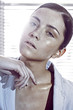 canvas print picture - woman in sunlight jalousie