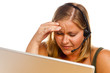 Businesswoman with Phone Headset and Headache Businesswoman with Phone Headset and Headache