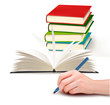 Hand with pen writing on paper and stack of book Hand with pen writing on paper and stack of book
