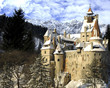 Dracula's Bran Castle in winter with snow and mountains.