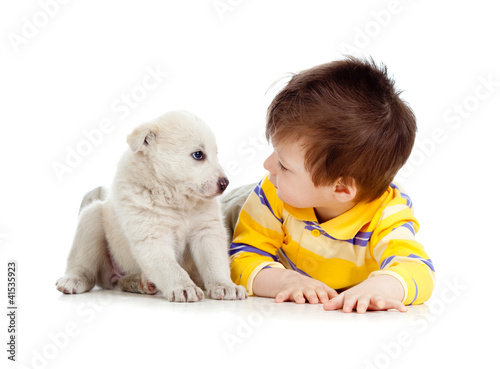 Photo: little kid training puppy on white background little kid training puppy on white background