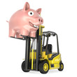 Fork lift truck lifts up coin bank Fork lift truck lifts up coin bank