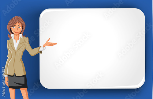 Vector: Cartoon business woman and white billboard with empty space Cartoon business woman and white billboard with empty space