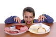 hungry boy for cheese and sausage, food photo hungry boy for cheese and sausage, food photo