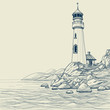 Lighthouse on seashore vector sketch