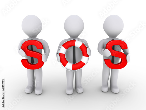 Illustration: Businessmen holding sos letters using lifebuoy Businessmen holding sos letters using lifebuoy