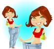 Young woman shows old jeans after losing weight Young woman shows old jeans after losing weight