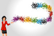 Cartoon business woman with a wave of colorful dots