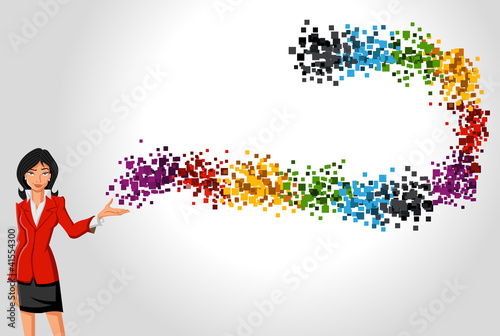 Vector: Cartoon business woman with a wave of colorful dots Cartoon business woman with a wave of colorful dots