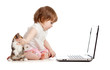 kid protecting notebook from kitten