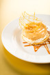 Delicious creamy dessert with caramel topping