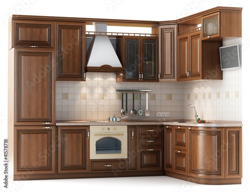 Illustration: Beautiful kitchen furniture made of wood isolated on white Beautiful kitchen furniture made of wood isolated on white