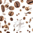 Flying coffee beans, on white background (with sample text)