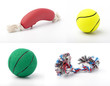 set of images with pet toys on white background