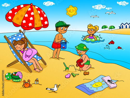 Illustration: Vacanze d'estate, bambini che giocano in spiaggia. Vacanze d'estate, bambini che giocano in spiaggia.