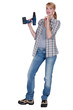 Woman with power drill making shush gesture