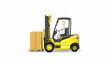 Yellow fork lift truck lifts up packages, isolated on white