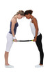 Women bending an aerobic fitness bar