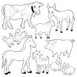 Farm animals. Vector cartoon black/white characters.